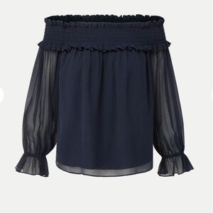 Veronica Beard Navy Off-Shoulder Sheer Sleeve Blouse